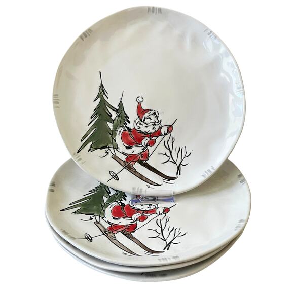ELI + ANA Whimsy SKIING SANTA Dinner Plate Set of 4 Ceramic Christmas Holiday - Picture 1 of 16